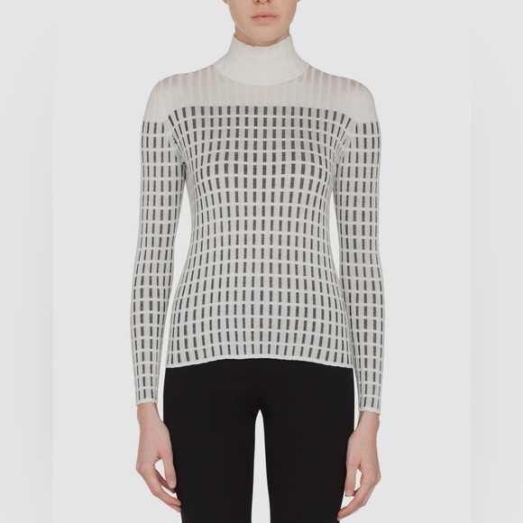 Akris Sweaters - Akris Cream Sheer Grid Mulberry Silk Turtleneck Ribbed Knit Top Womens US 8 EUC